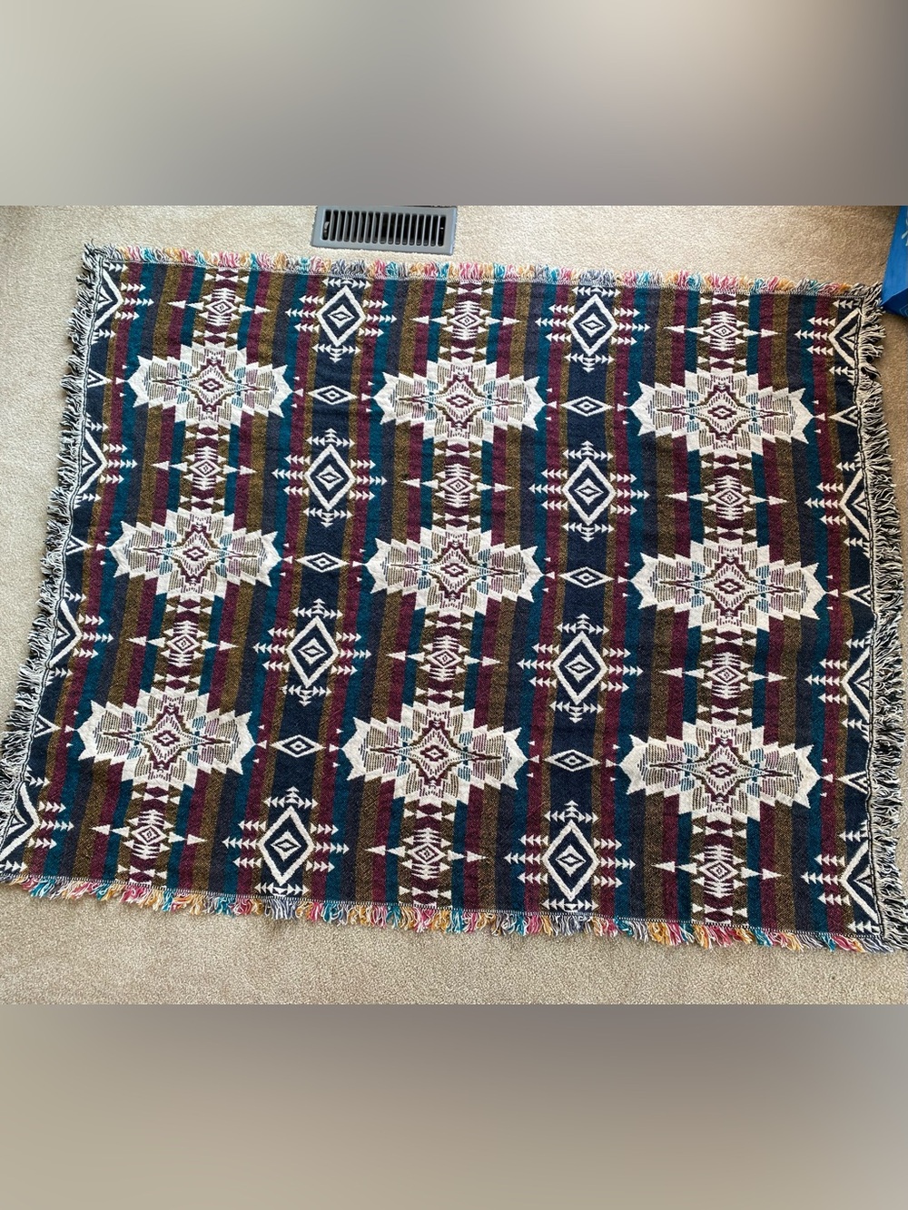 Southwestern-Style Woven Throw Rug in Teal, Burgundy & Cream